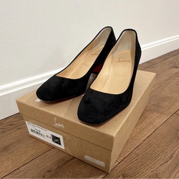 Christian Louboutin Shoes - Christian Louboutin Black Veau Velours Donna Stud 55 Block Heel Pumps 35.5